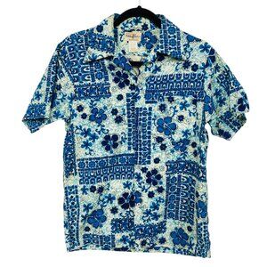 Vintage Hukilau Fashions Men's Small Hawaiian Shirt‎ Cotton Blue Floral Tiki